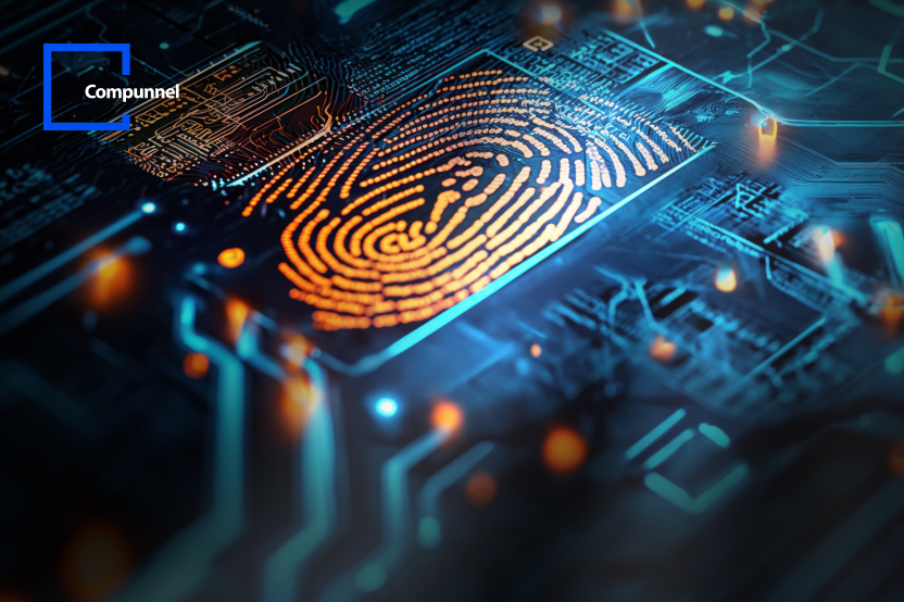 A close-up of a circuit board with a glowing fingerprint pattern, symbolizing digital security and identity verification technology, accompanied by the Compunnel logo, indicating a focus on advanced cybersecurity solutions.
