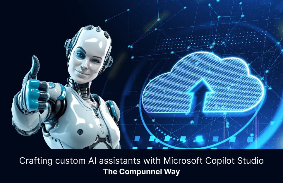 AI robot giving thumbs up with a digital cloud and upward arrow, representing Compunnel's AI solutions with Microsoft Copilot