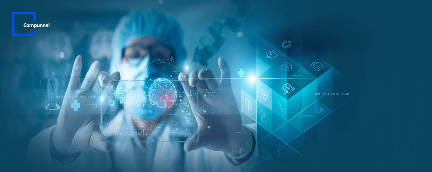 Image Alt Text: "A healthcare professional in a surgical cap and mask interacting with a high-tech, holographic display of medical and artificial intelligence icons, with the Compunnel logo in the upper left corner, symbolizing advanced healthcare technology and data analysis.