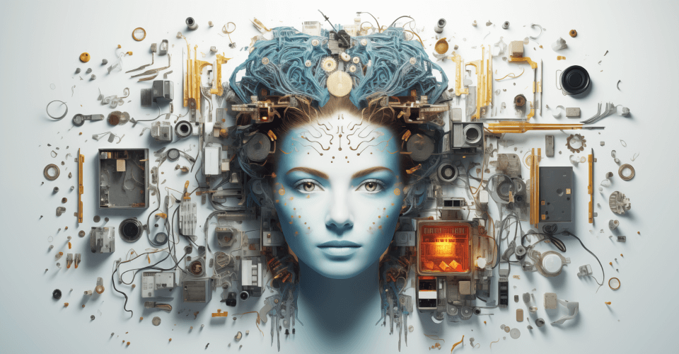 A conceptual art piece featuring a female figure with mechanical and electronic components integrated into her hair, symbolizing the fusion of human intelligence with advanced technology.