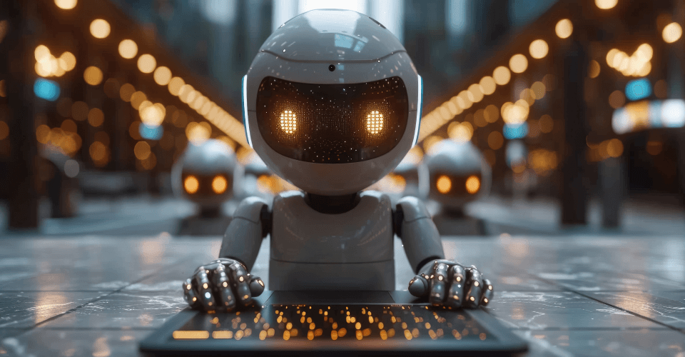 A futuristic robot with a white, glossy exterior and a visor displaying pixelated lights sits at a desk. Its metallic hands are resting on a laptop keyboard, with a blurred backdrop of a city street illuminated by golden lights in the evening