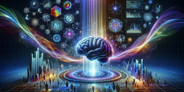 The image is a vibrant and complex visual metaphor for artificial intelligence, data analysis, and brain-computer interfaces. At the center is a highly detailed, three-dimensional human brain emitting a radiant spectrum of light, symbolizing thought, intelligence, and neural activity. 