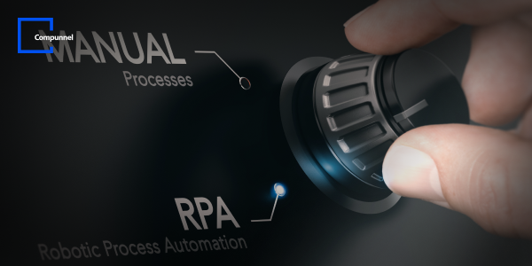 This image presents a conceptual visualization of transitioning from manual processes to Robotic Process Automation (RPA). A human hand is shown turning a dial from a position marked "MANUAL Processes" towards another position labeled "RPA," which stands for Robotic Process Automation, highlighted with a glowing blue dot. The turning of the dial symbolizes the act of changing from traditional manual operations to more efficient, automated processes using RPA technology. The overall color palette is dark, creating a sleek and high-tech atmosphere. 