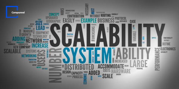 This image is a word cloud centered around the theme of "SCALABILITY" in a business or technical context. The word "SCALABILITY" is the most prominent term in the center, suggesting its importance, with "SYSTEM" and "ABILITY" closely associated on either side. Surrounding these key words are various other terms related to the concept of scaling in business and technology, such as "USERS," "GROWTH," "NETWORK," "LOAD," "DISTRIBUTED," "HARDWARE," "PERFORMANCE," "CAPACITY," "SIZE," "INCREASE," and "SCALE." 