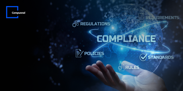 This image is a graphical representation of compliance in the context of business and regulations. At the center is the word "COMPLIANCE" in bold, capital letters, illuminated as if it were a digital hologram. Floating around this central term are interconnected icons and words that represent various elements of regulatory compliance: "REGULATIONS," "REQUIREMENTS," "POLICIES," "STANDARDS," and "RULES." Each of these elements is connected by lines to the central word, suggesting their interconnected nature and importance to the concept of compliance. Below the floating words and icons is an outstretched human hand, palm-up, as if presenting or supporting the compliance concept. 