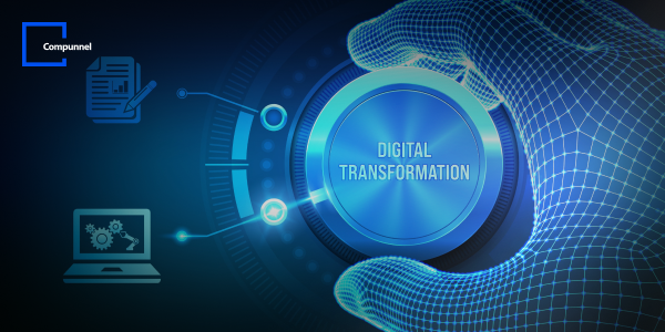  This image features a sleek, futuristic graphic design with the central theme of "DIGITAL TRANSFORMATION." The core element is a vibrant blue circular interface with glowing edges, representing a high-tech digital portal. Surrounding the portal is a three-dimensional wireframe mesh that suggests a digital network or a transformation process in progress.