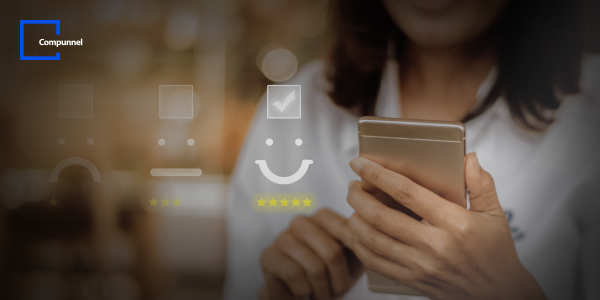 Smiling woman giving a five-star rating on a smartphone, signifying positive customer service feedback.