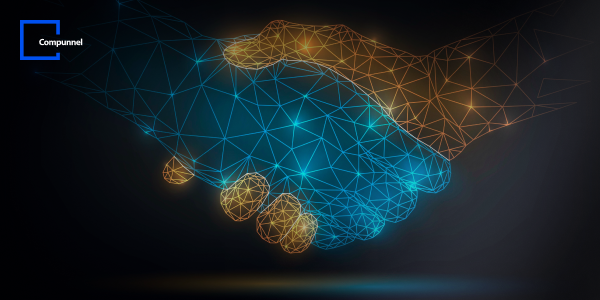 Wireframe digital handshake representing a connection between Compunnel and technology partners in a network concept