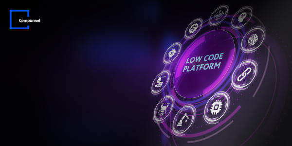 The image features a striking visual theme centered around the concept of a "LOW CODE PLATFORM." The text "LOW CODE PLATFORM" is prominently displayed in the center of a neon-lit circular hub with a digital interface aesthetic. Orbiting this central hub are various icons that appear to symbolize different functionalities or components commonly associated with low-code development platforms, such as customization, integration, and automation. These include gears, flowcharts, and other abstract representations that suggest user-friendly programming or system configuration tools.