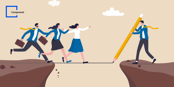 Illustration of a team of three business professionals running towards a chasm in the ground, the gap bridged by a giant pencil being drawn by a fourth individual, symbolizing solutions and support in overcoming obstacles. The company logo 'Compunnel' is featured in the upper left corner