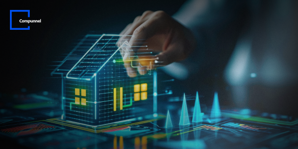 This image depicts a futuristic concept where a person's hand is touching a holographic projection of a house. The house appears to be digitally constructed with a grid-like structure, illuminated from within to give a sense of warmth. There are light projections in the form of graphs and geometric shapes on the surface below the house, suggesting data analytics or energy efficiency monitoring. The background is dark, emphasizing the brightness of the hologram. The logo "Compunnel" is visible in the top left corner, indicating either the creator of the image or the associated company.