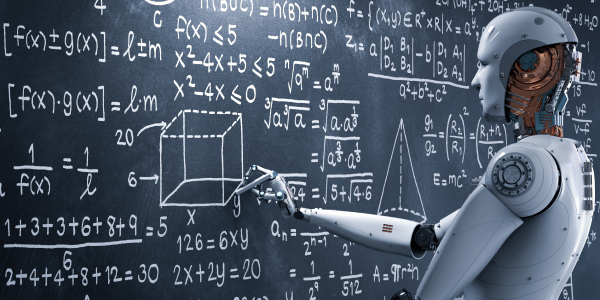 A humanoid robot with intricate mechanical parts is writing complex mathematical equations and formulas on a blackboard, symbolizing the integration of advanced robotics and artificial intelligence in education or research.